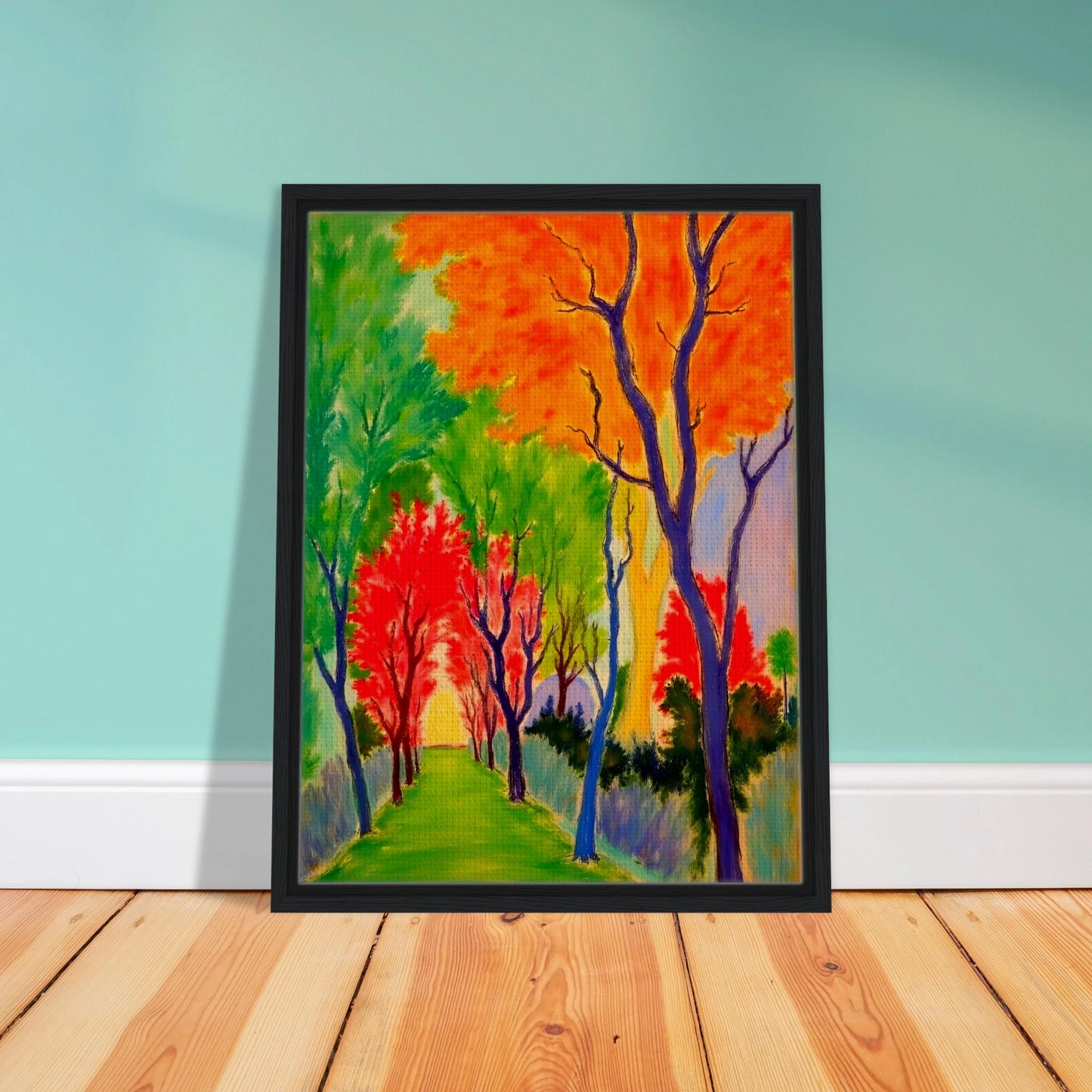 A vivid forest pathway glowing with fiery orange, green, and red trees, symbolizing nature’s changing seasons and renewal.