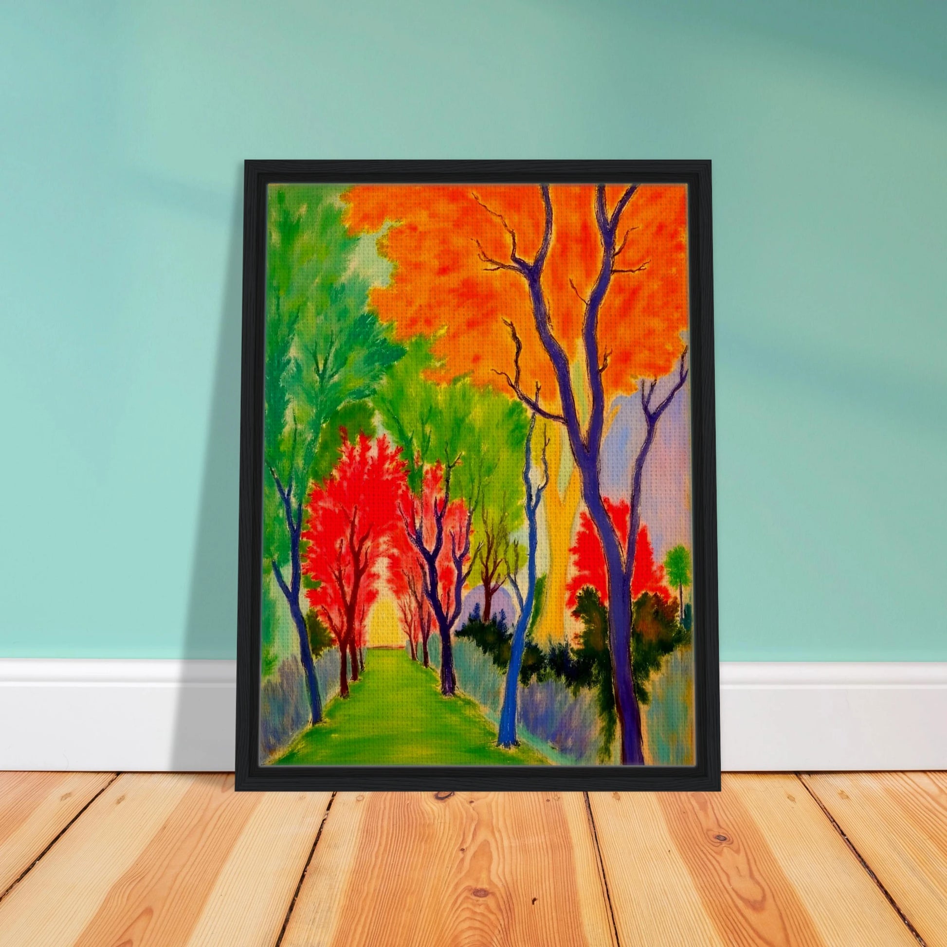 A vivid forest pathway glowing with fiery orange, green, and red trees, symbolizing nature’s changing seasons and renewal.