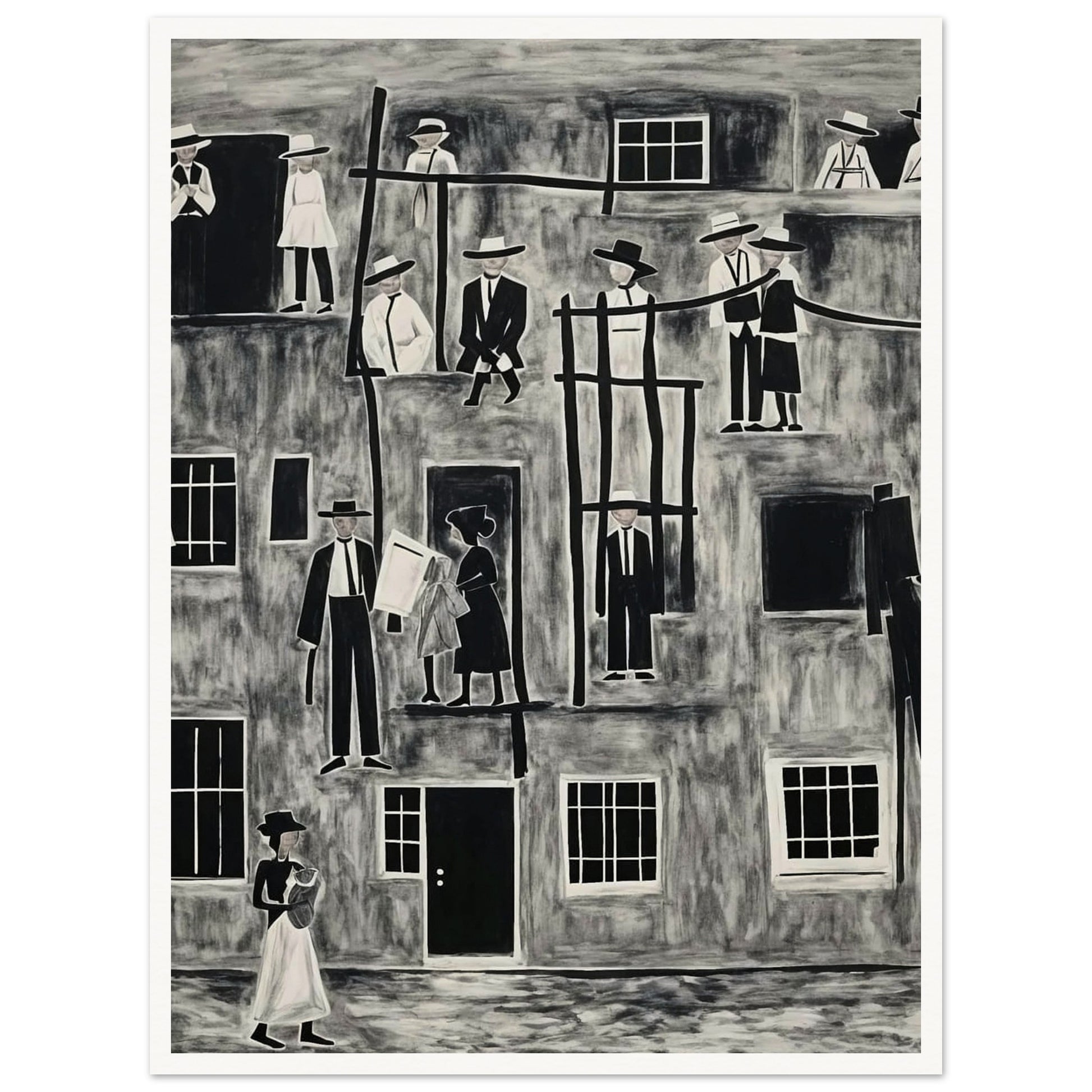 A monochromatic painting depicting a multi-story urban scene with numerous figures in formal attire, including hats, standing on balconies and interacting with one another. The black-and-white color palette enhances the contrast and highlights the stark lines of the architecture and figures, creating a visually striking composition.