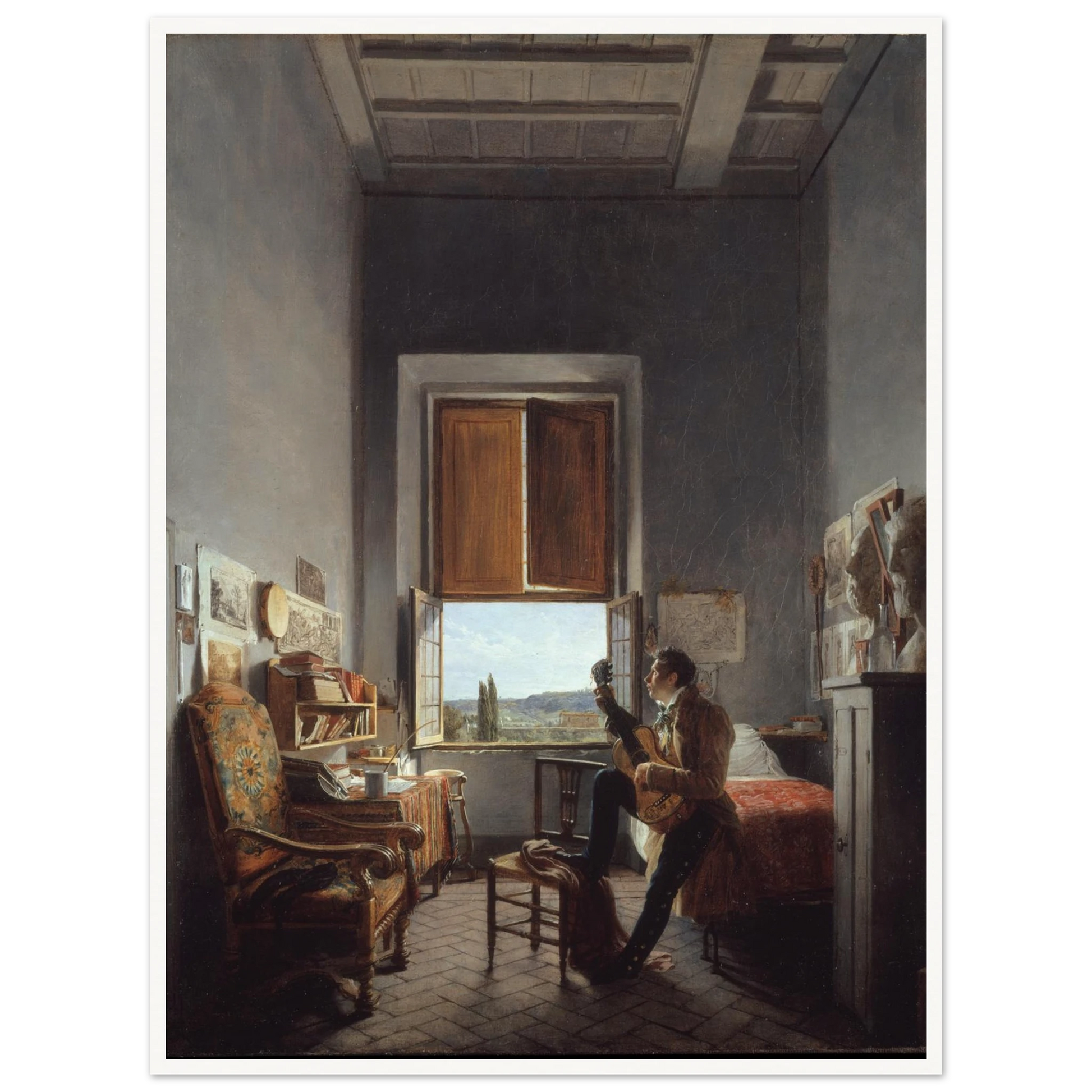 Artist plays guitar in a sunlit Villa Medici room overlooking the Roman countryside