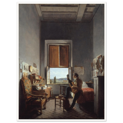 Artist plays guitar in a sunlit Villa Medici room overlooking the Roman countryside