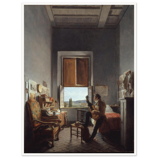 Artist plays guitar in a sunlit Villa Medici room overlooking the Roman countryside