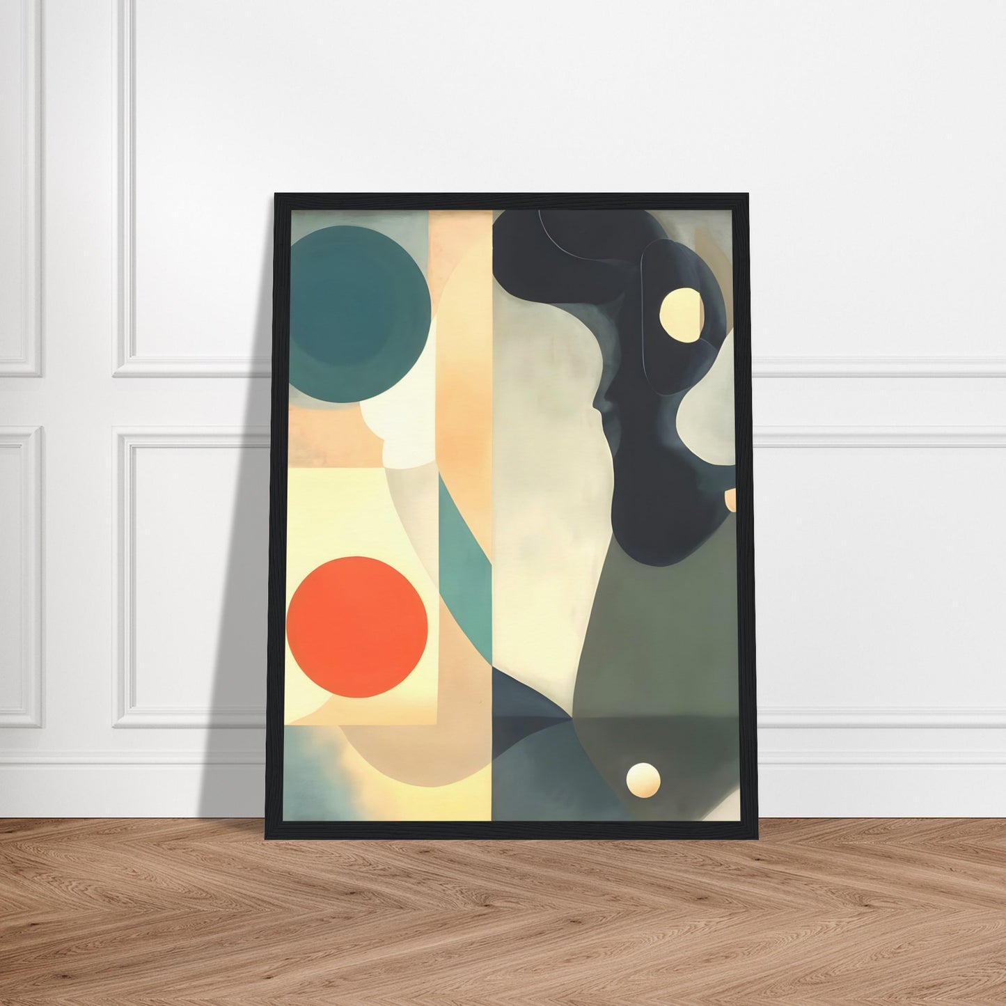 A serene composition featuring flowing shapes, bold circles, and muted tones of teal, orange, and cream, creating a modern abstract design.