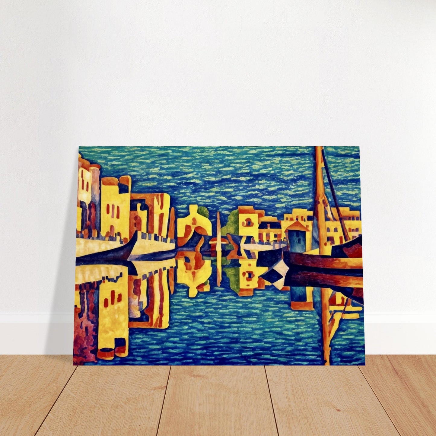 A vibrant depiction of a canal city with golden-hued buildings and gondolas reflecting in deep blue waters, creating a mesmerizing mirrored effect.