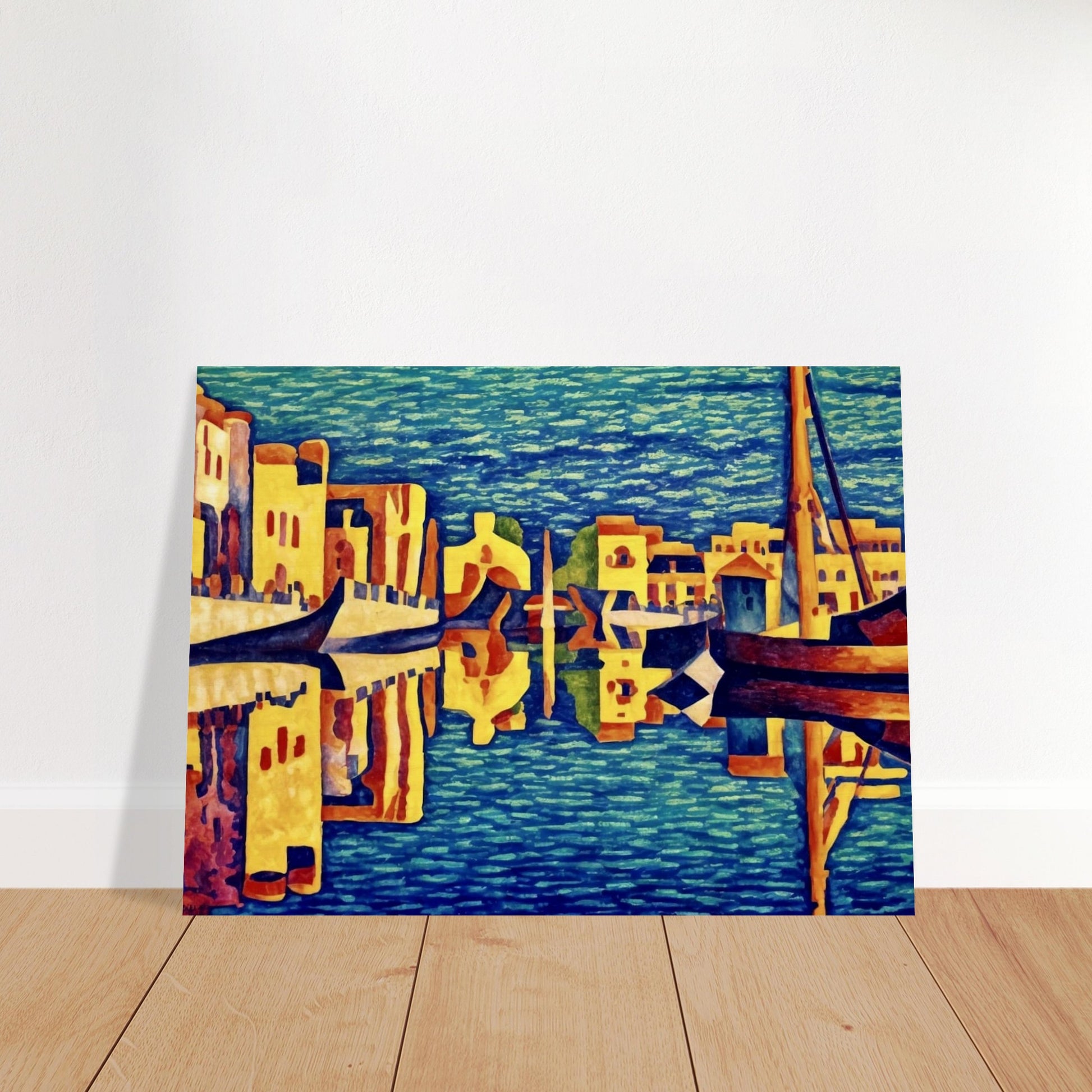 A vibrant depiction of a canal city with golden-hued buildings and gondolas reflecting in deep blue waters, creating a mesmerizing mirrored effect.