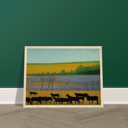 A peaceful scene of black cattle walking across golden fields, with green trees and a clear blue sky in the distance.