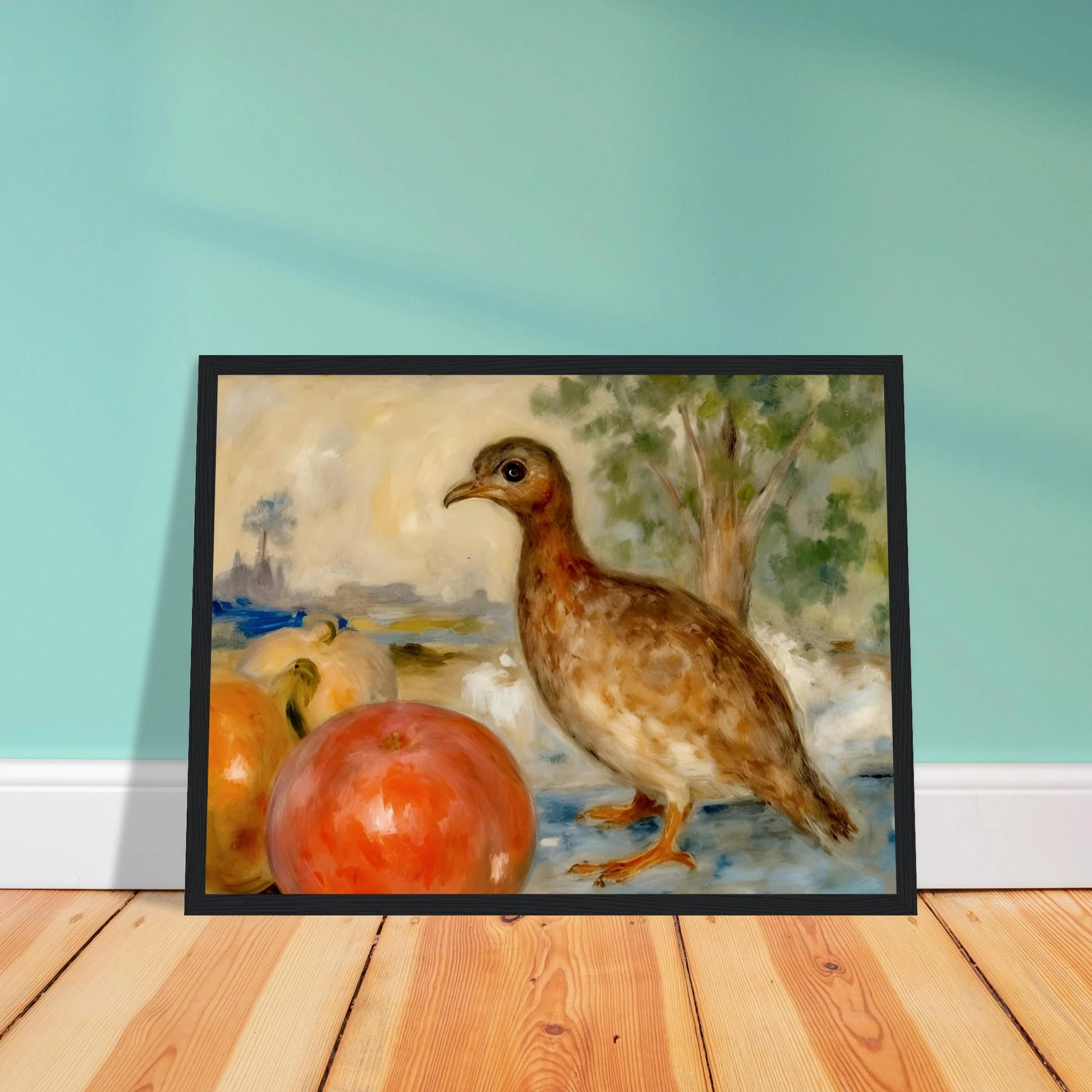 A brown bird stands beside ripe apples in a soft countryside setting, blending still life with gentle pastoral charm.