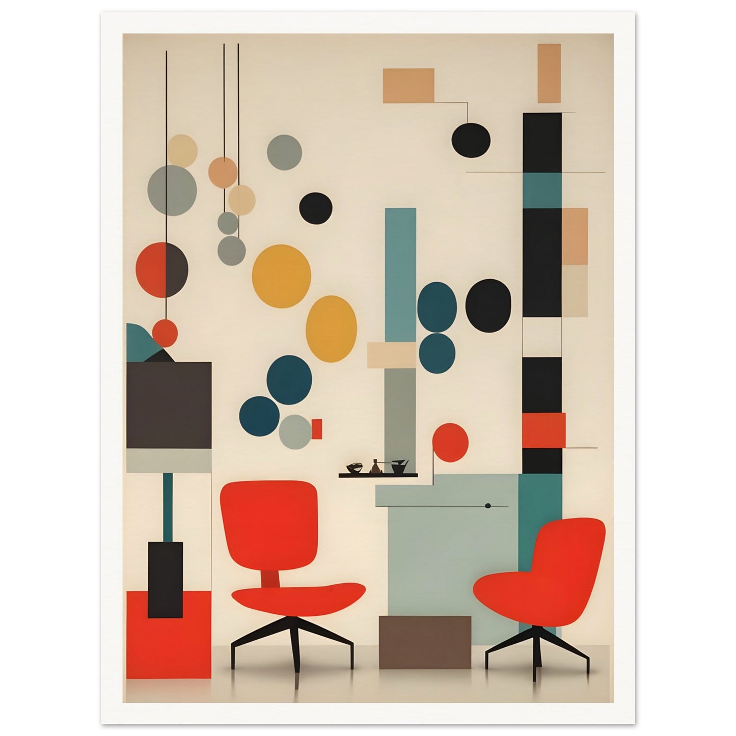 A modern artwork featuring red chairs, abstract geometric shapes, and muted tones of teal, beige, and black, evoking mid-century modern design.