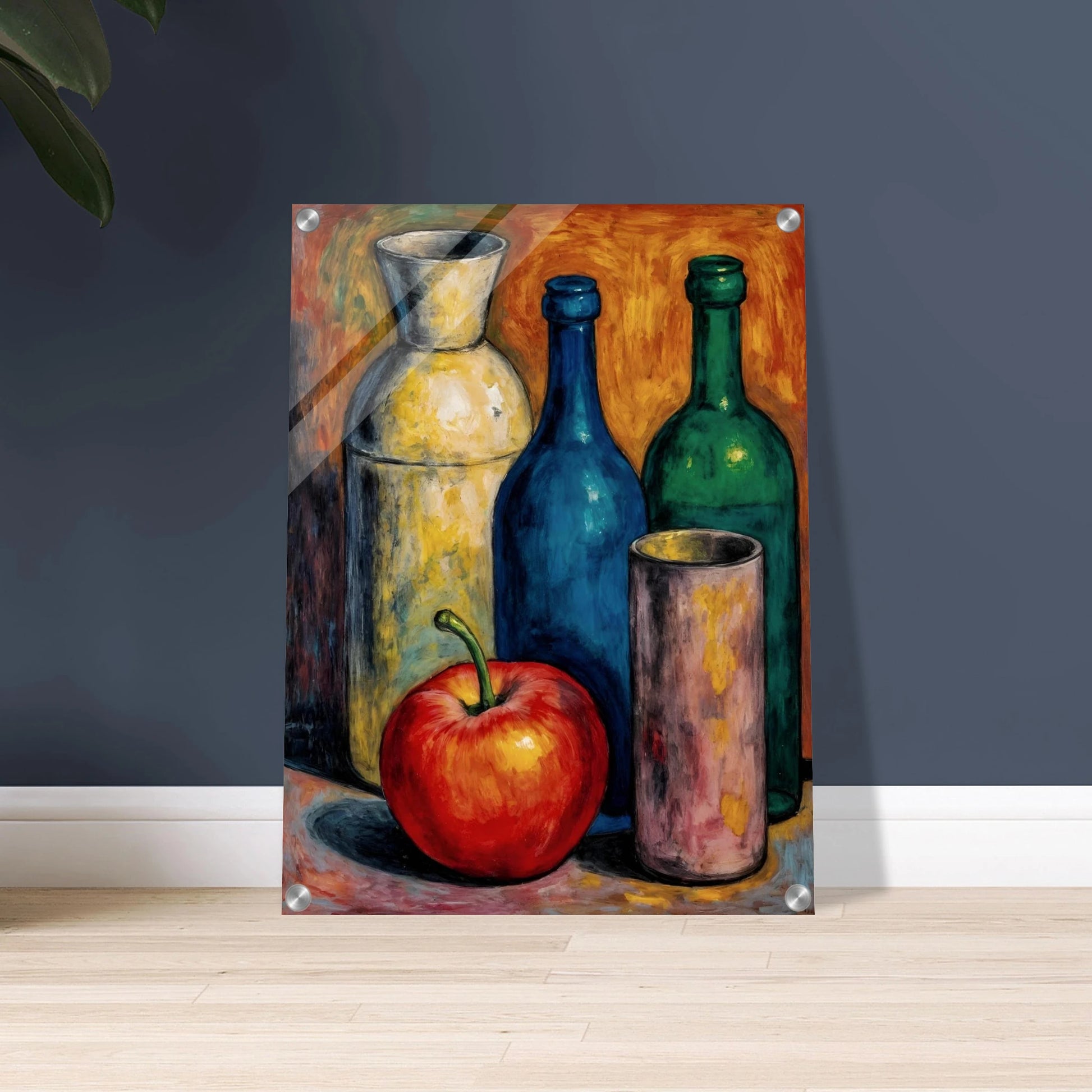 A luminous red apple rests before blue, green, and ivory bottles against a fiery amber backdrop, blending warmth, contrast, and vintage stillness.