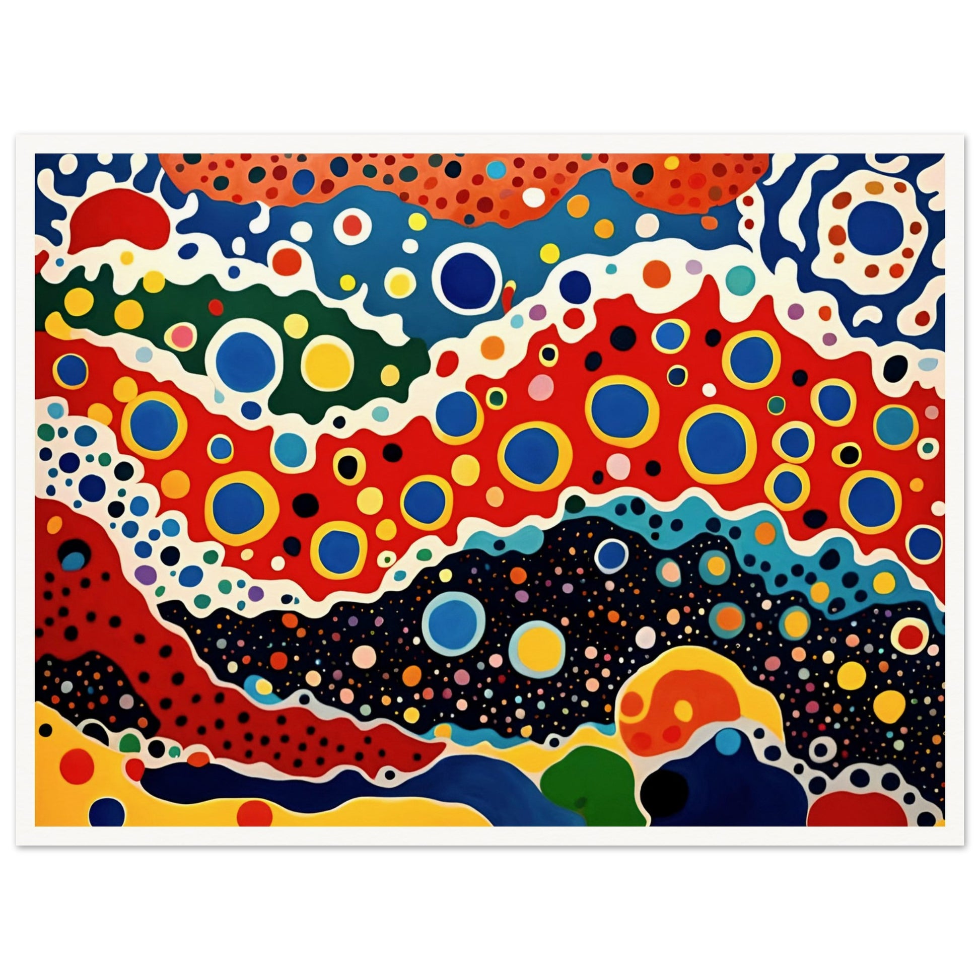 A vivid painting with bold, circular patterns and flowing waves of red, blue, yellow, and black, evoking a cosmic, energetic motion.