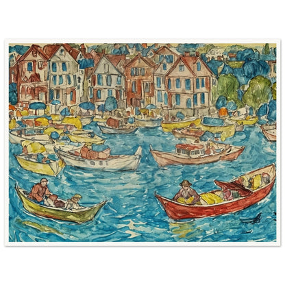 Colorful depiction of a lively harbor with boats and people on a sunny day, with charming houses lining the waterfront.