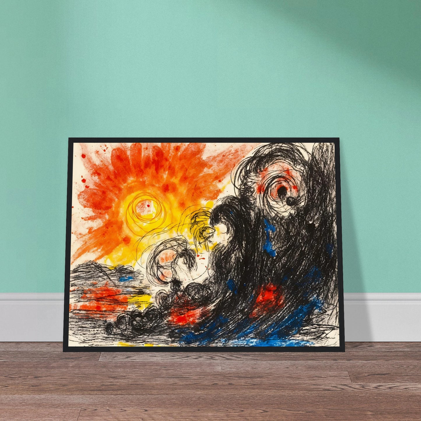 A blazing orange sun erupts above chaotic black waves and swirling forms, where fiery reds and deep blues collide in a turbulent seascape.