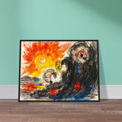 A blazing orange sun erupts above chaotic black waves and swirling forms, where fiery reds and deep blues collide in a turbulent seascape.