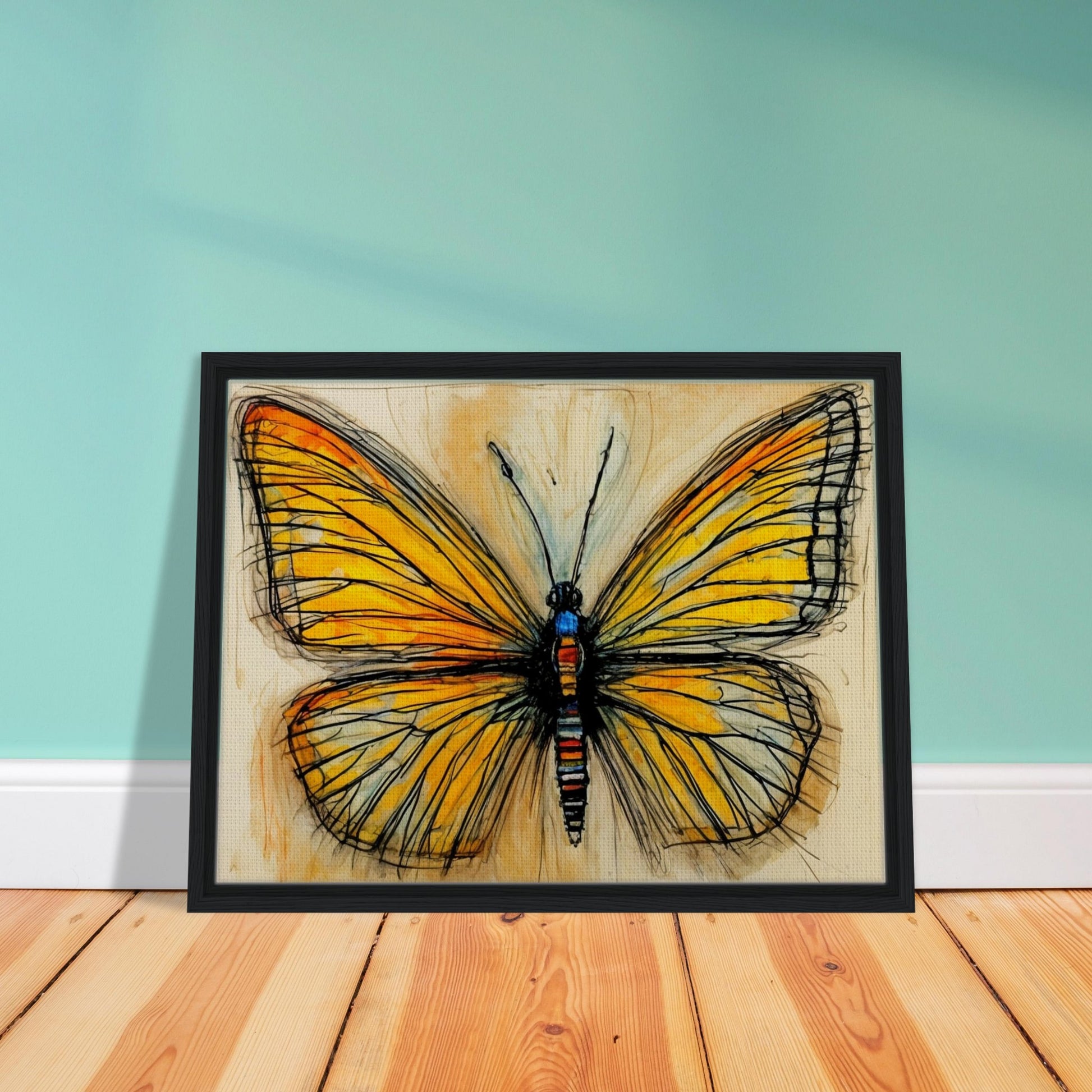 A striking illustration of a butterfly with bold black outlines and golden-yellow wings, detailed with subtle orange and blue accents, evoking transformation.