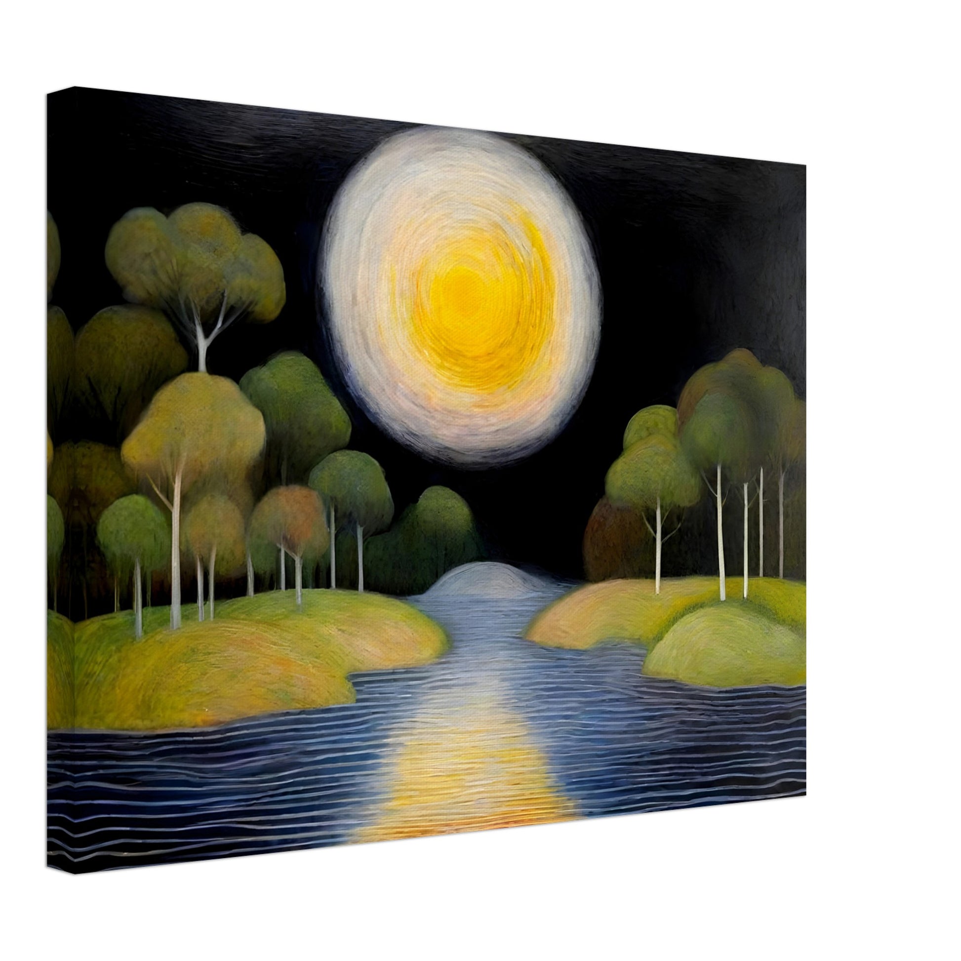 A dreamlike night scene featuring a glowing golden moon over a calm river, surrounded by lush green trees on rolling islands, reflecting a soft celestial light.