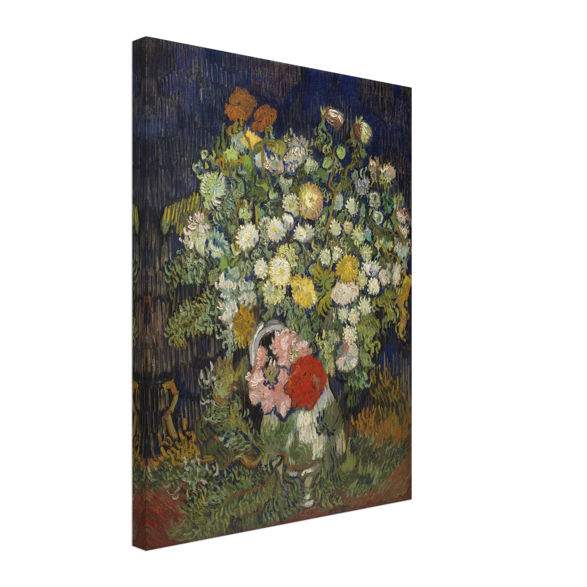 A lush bouquet of white, yellow, pink, and red flowers rises from a vase against a dark blue background.