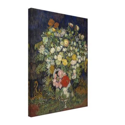 A lush bouquet of white, yellow, pink, and red flowers rises from a vase against a dark blue background.