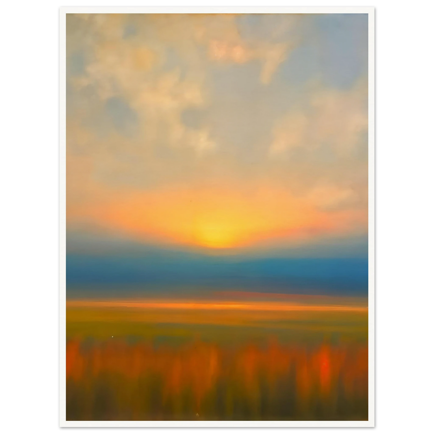 Golden sunset melts into blue horizon above blurred amber fields, creating a tranquil dreamscape of warmth and fading light.