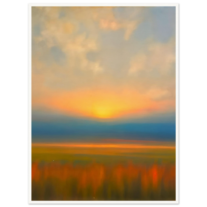 Golden sunset melts into blue horizon above blurred amber fields, creating a tranquil dreamscape of warmth and fading light.