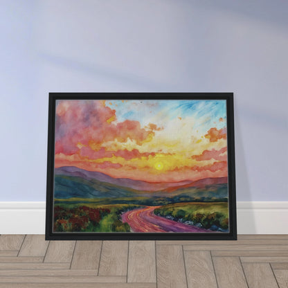 Vibrant watercolor landscape of a winding road through rolling hills beneath a glowing sunset sky filled with pink, gold, and blue clouds.
