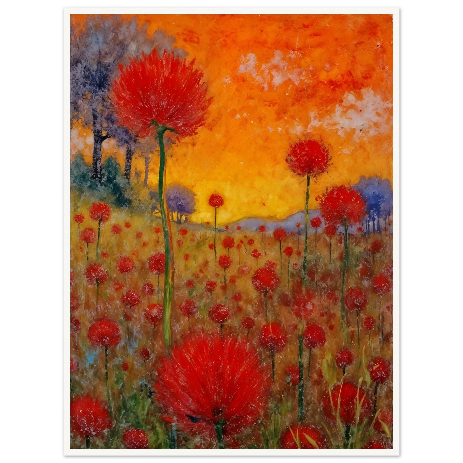 A radiant field of red blossoms under a glowing orange sky, blending vibrant warmth with a dreamy sense of renewal.