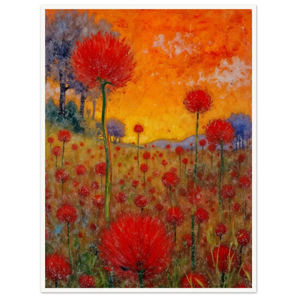 A radiant field of red blossoms under a glowing orange sky, blending vibrant warmth with a dreamy sense of renewal.
