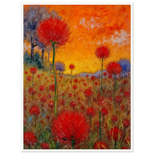 A radiant field of red blossoms under a glowing orange sky, blending vibrant warmth with a dreamy sense of renewal.