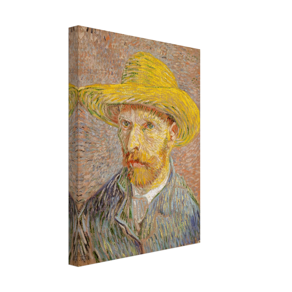 Van Gogh self-portrait in a yellow straw hat, blue jacket, and textured pastel strokes.