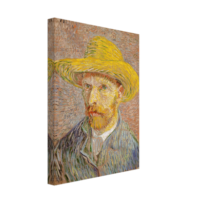 Van Gogh self-portrait in a yellow straw hat, blue jacket, and textured pastel strokes.