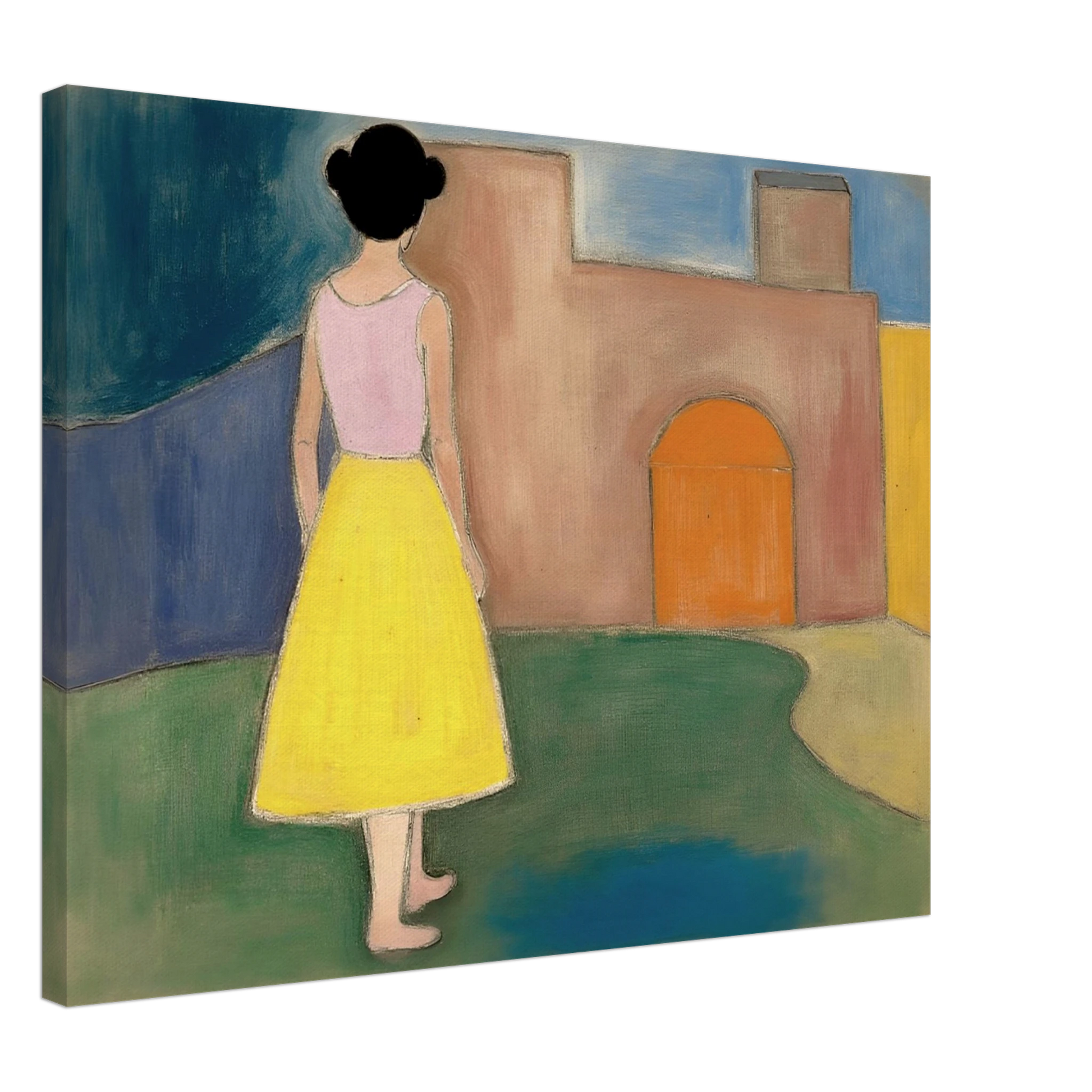 A girl in a yellow skirt faces a soft courtyard with an orange arched door and muted walls.