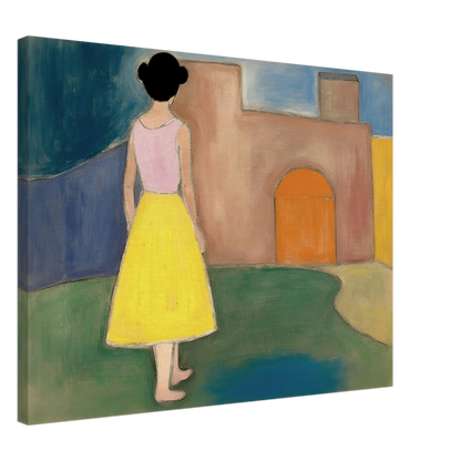 A girl in a yellow skirt faces a soft courtyard with an orange arched door and muted walls.