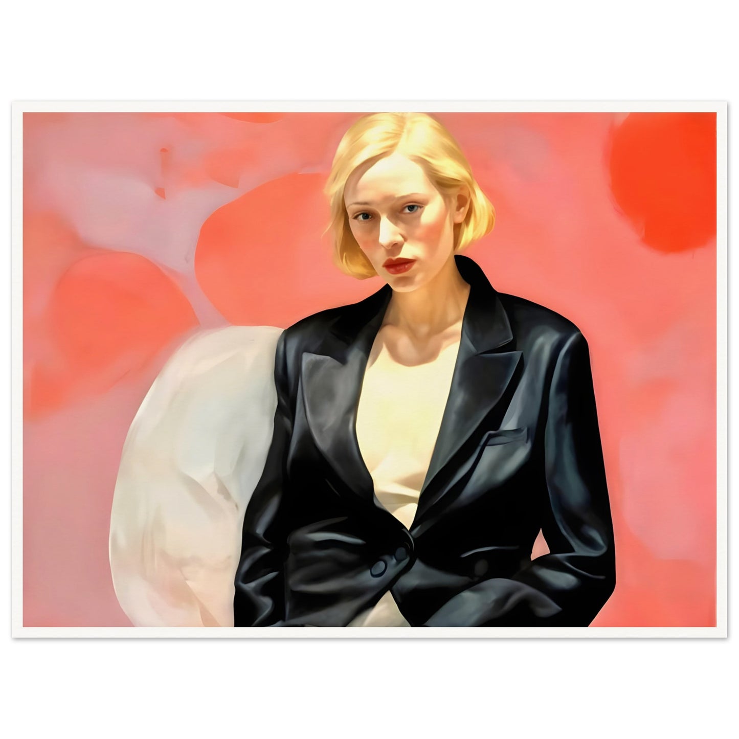 A striking portrait of a blonde woman in a black leather blazer, seated against a vibrant pink and red abstract background, exuding confidence and poise.