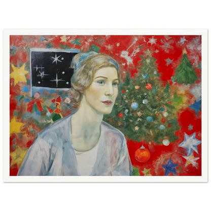 A thoughtful woman gazes forward, framed by a vibrant Christmas scene with a decorated tree, stars, and festive ornaments on a red background, capturing holiday nostalgia.