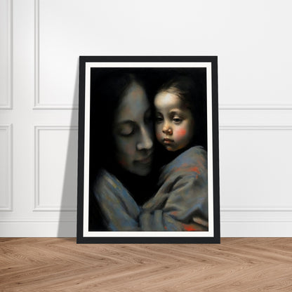 An evocative painting of a mother tenderly holding her child, both faces expressing deep affection and serenity.