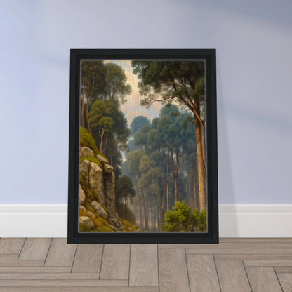 A serene woodland scene with towering pine trees, rocky slopes, soft morning light, and misty forest depth in lush green tones.