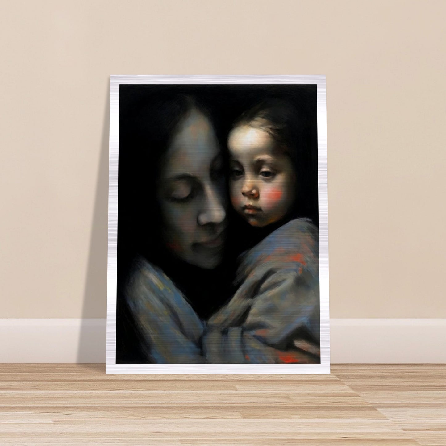 An evocative painting of a mother tenderly holding her child, both faces expressing deep affection and serenity.