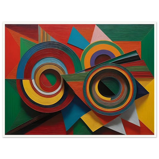 Vivid geometric painting with intersecting concentric circles and sharp-edged forms in bold reds, greens, blues, and yellows.