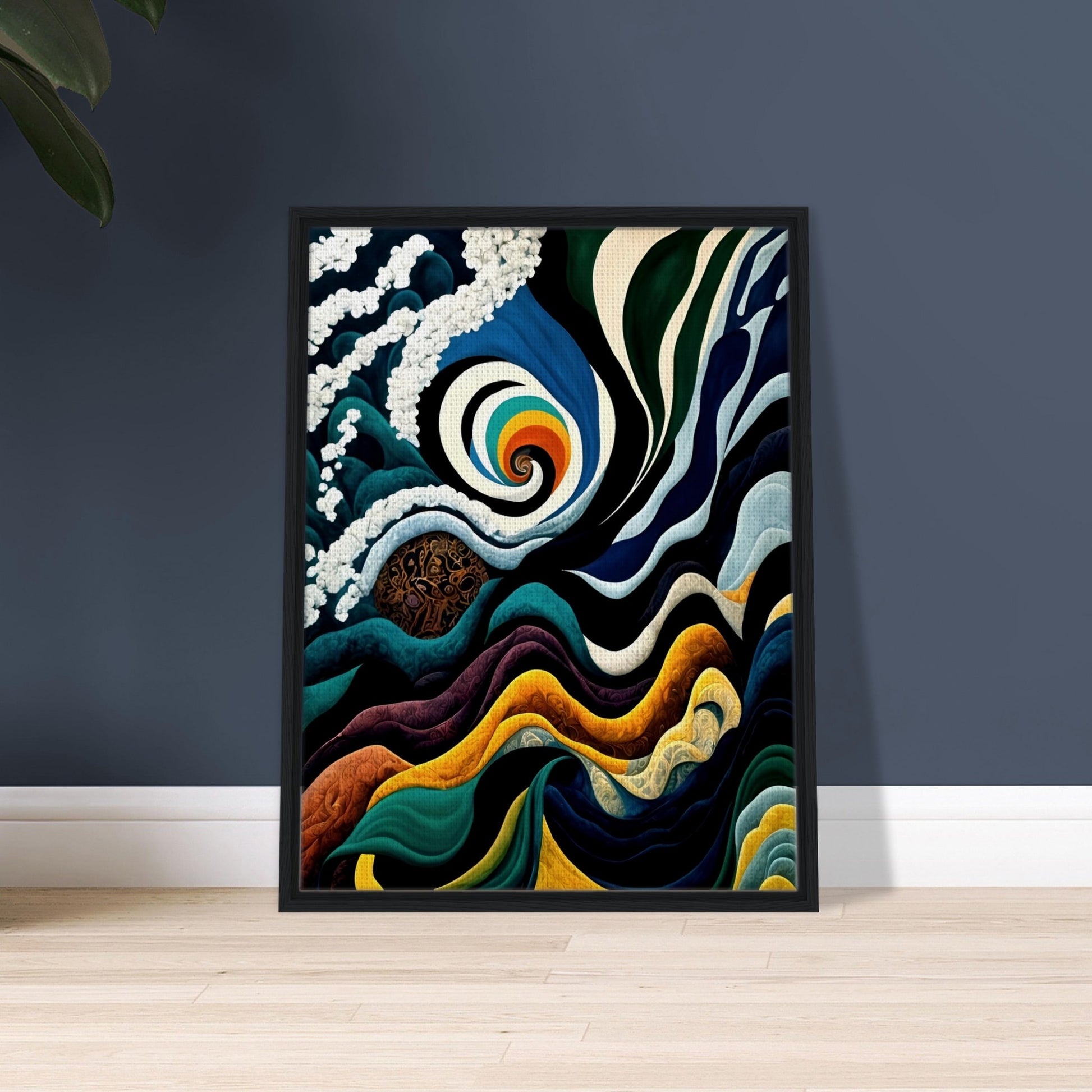 A mesmerizing painting of swirling waves, a spiraling rainbow vortex, and cosmic elements, blending deep blues, golds, and intricate patterns.