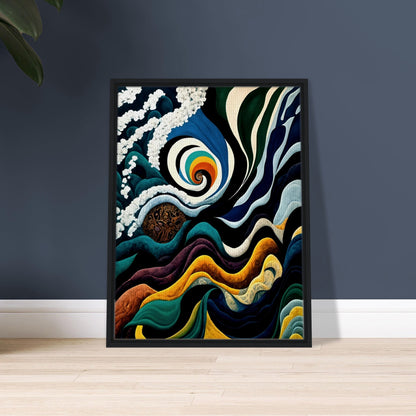 A mesmerizing painting of swirling waves, a spiraling rainbow vortex, and cosmic elements, blending deep blues, golds, and intricate patterns.