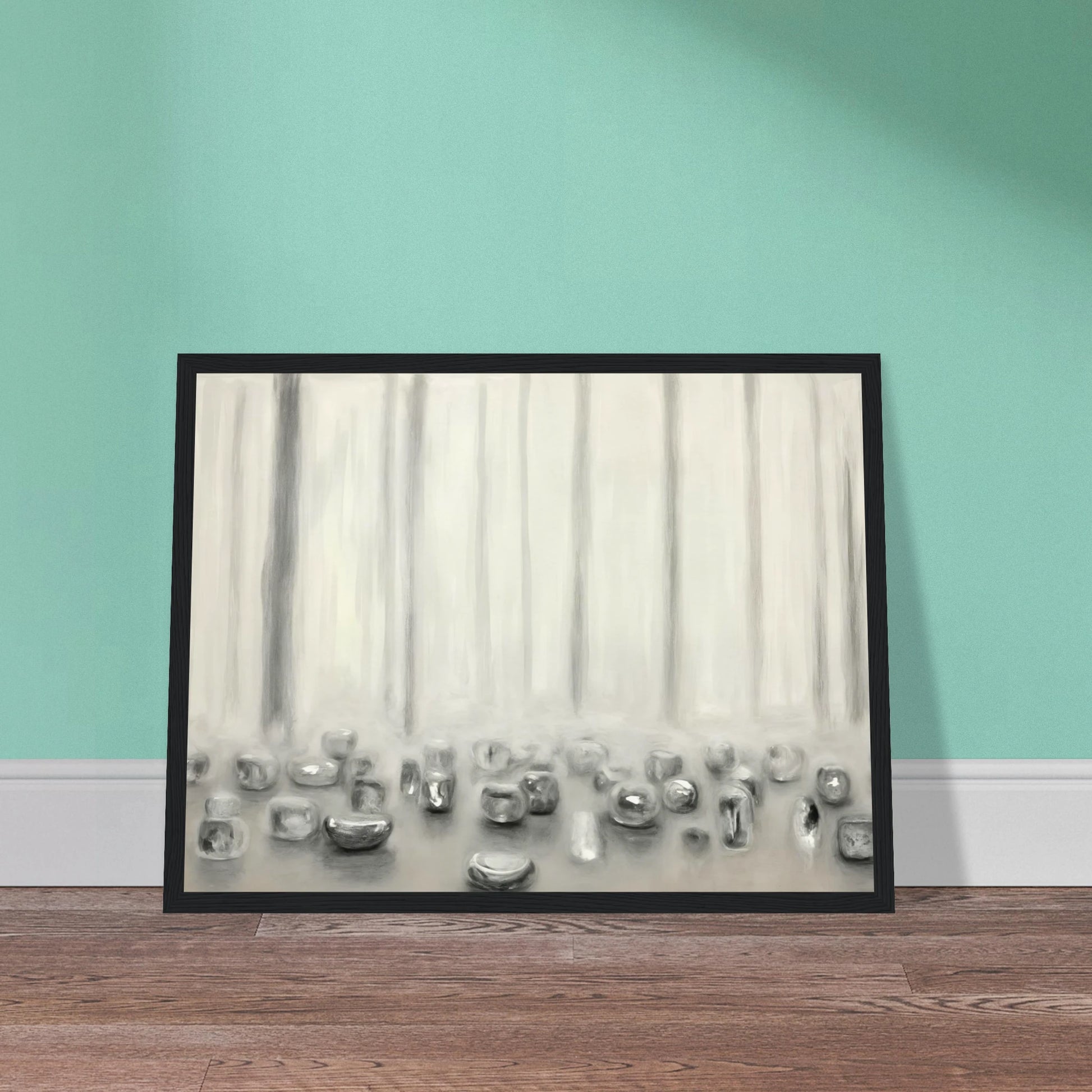 Minimalist pale composition with translucent silver forms resting beneath misty vertical lines in a serene monochrome atmosphere.