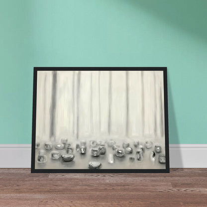 Minimalist pale composition with translucent silver forms resting beneath misty vertical lines in a serene monochrome atmosphere.