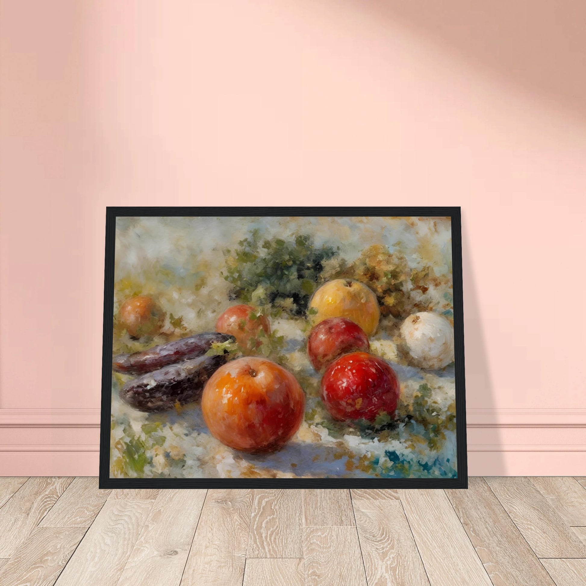 A realistic still life of assorted fruits, including apples, oranges, and eggplants, arranged with leafy greens in soft natural light.