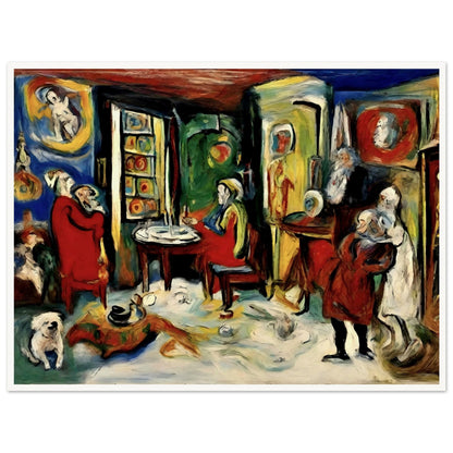 Vibrant and dynamic painting of a cozy interior filled with people, animals, and ornate decor, evoking a sense of nostalgia and intimacy.