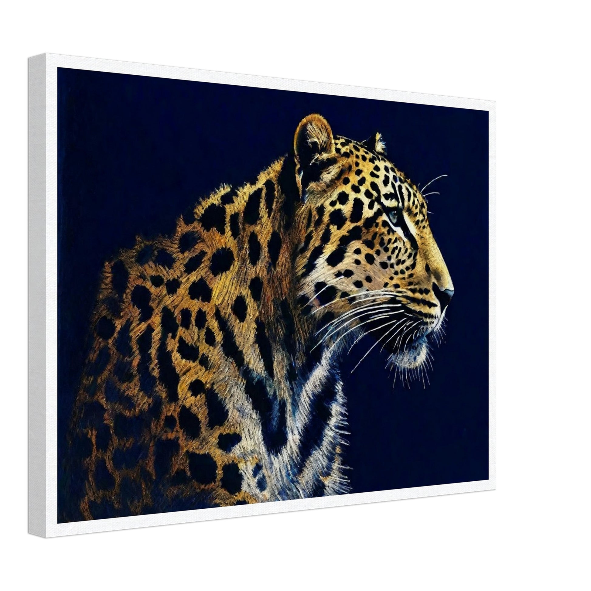 A detailed painting of a leopard against a dark background, showcasing its beautiful spotted coat and intense gaze.