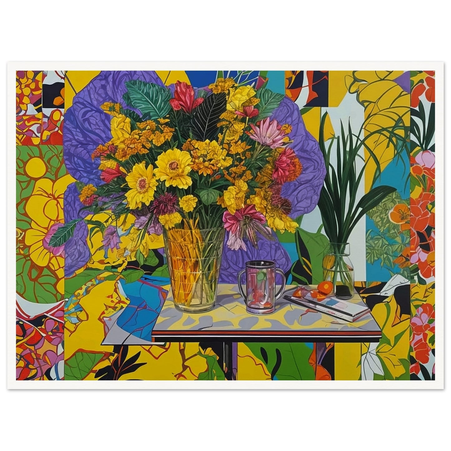 A vibrant painting featuring a bouquet of yellow, pink, and red flowers in a clear glass vase placed on a table. The background is filled with colorful and abstract patterns, enhancing the lively and energetic feel of the artwork. On the table, there is also a glass mug and a small plate with oranges, adding more elements to this dynamic composition.