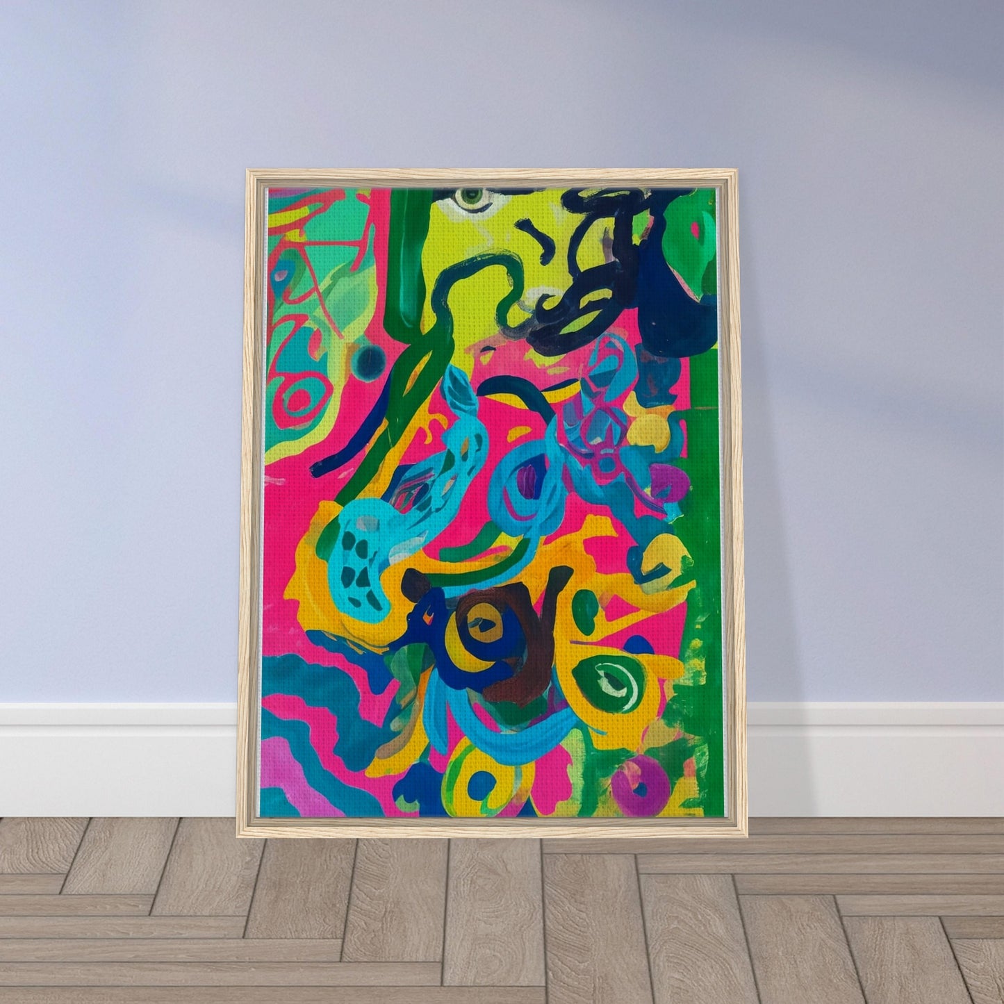 A vibrant abstract painting bursting with bright pink, green, blue, and yellow swirls, creating a lively and energetic composition.