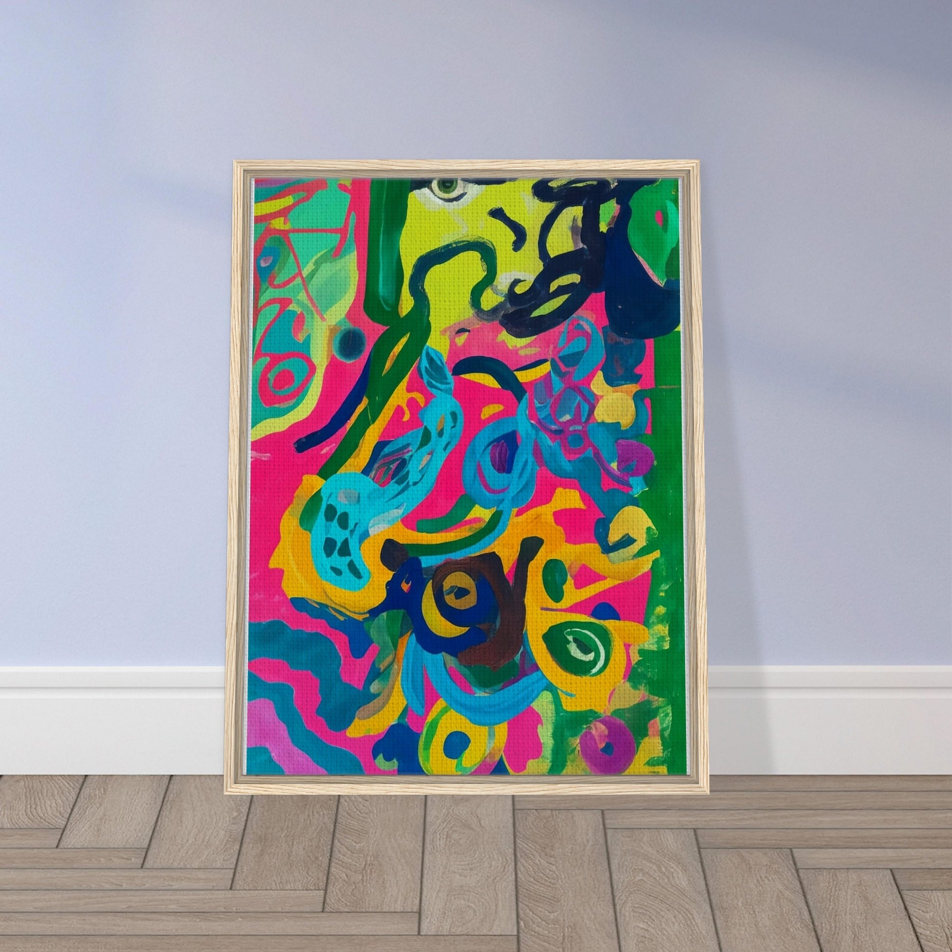 A vibrant abstract painting bursting with bright pink, green, blue, and yellow swirls, creating a lively and energetic composition.