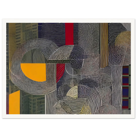 A contemporary abstract painting featuring bold geometric shapes, lines, and patterns, evoking an urban architectural landscape.