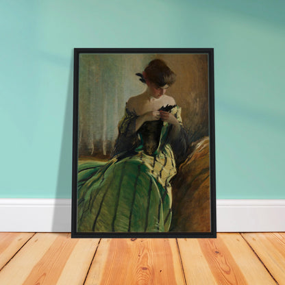 Woman in green and black evening gown pins a detail at her neckline against a muted background