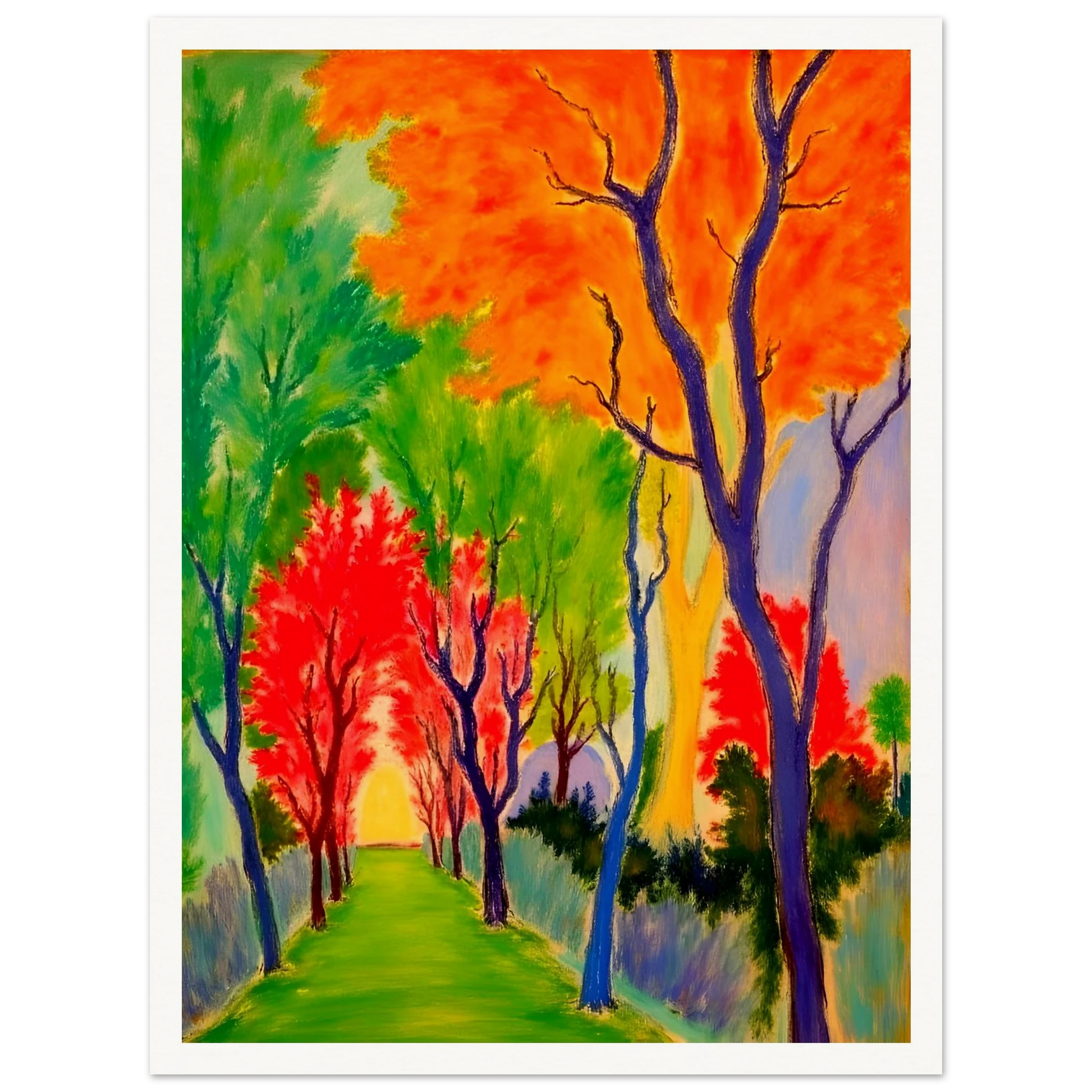 A vivid forest pathway glowing with fiery orange, green, and red trees, symbolizing nature’s changing seasons and renewal.